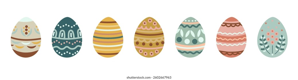 Easter eggs with elements of ethnic patterns. A set of hand-drawn Easter eggs. Geometric pattern of pastel colors .Isolated white background. Unusual decorative pattern.