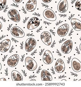 Easter eggs and elements seamless pattern. Neutral colors. Trendy minimal style.