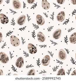 Easter eggs and elements seamless pattern. Neutral colors. Trendy minimal style.