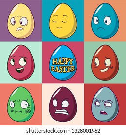 Easter eggs emoji set. Cute funny emotional icons. Happy emoticons. Vector illustration.