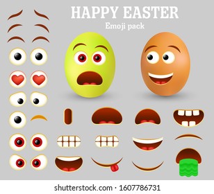 Easter eggs emoticon character maker. Vector set of emoticon face parts for your own emoji creation with different facial expressions. Happy Easter Egg emoji pack.