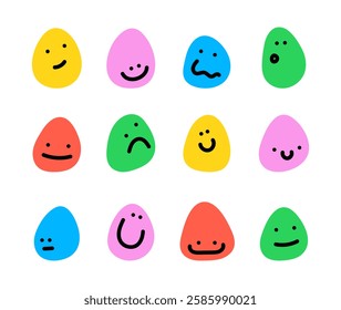 Easter Eggs with emotions set. Easter eggs with comic faces. Funny childish emoji. Trendy cartoon Easter egg characters. Happy Easter. Smiling egg, happy, sad. Modern funny faces for avatar