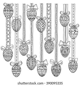 Easter eggs with ethnic motifs on decorative ribbons and bows Zentangle interpretation. Black and white. Vector illustration. The best for your design, textiles, posters, coloring book