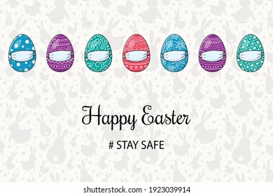 Easter eggs with face masks. Concept of greeting card during coronavirus pandemic. Vector