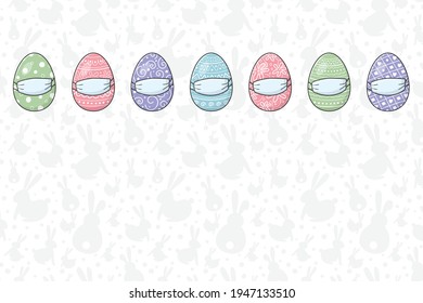 Huevos de Pascua con máscaras faciales. Concepto de plantilla de tarjetas de felicitación durante la pandemia del coronavirus. Vector