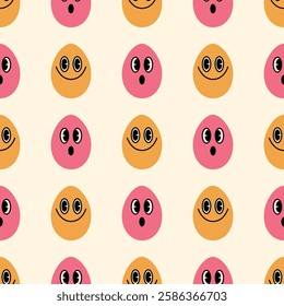 Easter eggs with faces seamless pattern. Cheerful characters on a beige background. Colorful vector illustration for wrapping paper, greeting card, textile, background