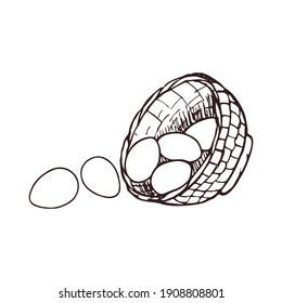 Easter Eggs falls out from the basket laying at its side. Happy Easter Day. Template for greeting card, banner, poster, print, package design. Hand Drawn vector illustration.