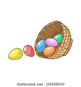Easter Eggs falls out from the basket laying at its side. Happy Easter Day. Template for greeting card, banner, poster, print, package design. Hand Drawn vector illustration.