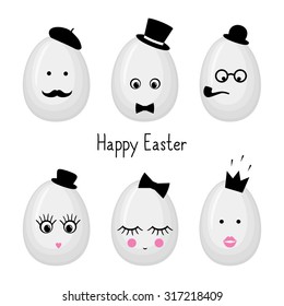 Easter eggs with fashion glasses, mustache, bow-tie, hat, tobacco pipe, eyes, lashes, lips, crown on white background. Cute Happy Easter card illustration.
