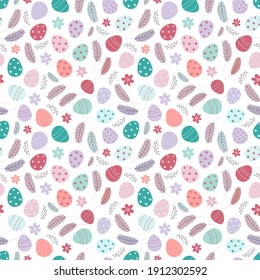 Easter eggs, feathers, flowers. Spring Easter Pattern.Design for textiles, packaging, wrappers, greeting cards, paper, printing. Vector illustration