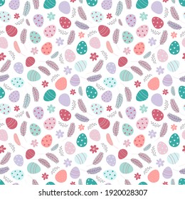 Easter eggs, feathers, flowers. Spring Easter Pattern.Design for textiles, packaging, wrappers, greeting cards, paper, printing. Vector illustration