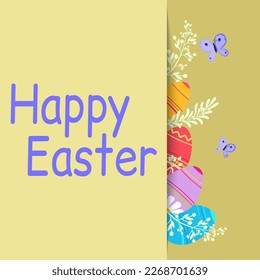 Easter eggs, festive attribute and decor. Bright different colored eggs with ornament and happy Easter handwritten lettering. Print for card, family holiday decor, greeting card, banner, invitation.