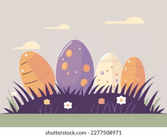 Easter eggs in a field with flowers and grass. Flat style
