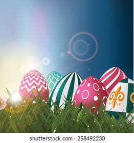 Easter eggs in field at sunrise background royalty free EPS 10 vector illustration for greeting card, ad, promotion, poster, flier, blog, article, social media, marketing, signage, web page, wallpaper