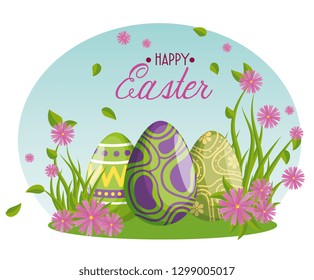 easter eggs with figures decoration and flowers