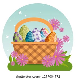 easter eggs with figures decoration inside basket