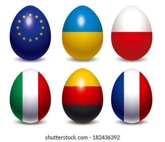 easter eggs with flags of EU Ukraine Poland Italy Germany France