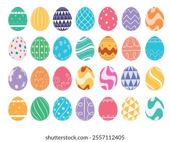 Easter eggs flat clipart drawing set design. Colorful egg clip art in doodle style outline pattern for christian egg hunting decoration spring celebration graphic elements. Vector illustration 