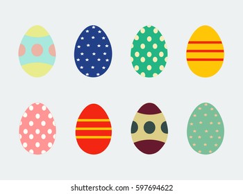 Easter eggs. Flat colors. Different colors and patterns.Vector Illustration