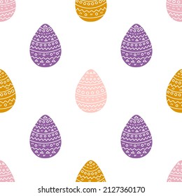 Easter eggs in flat style on white background, vector seamless pattern.