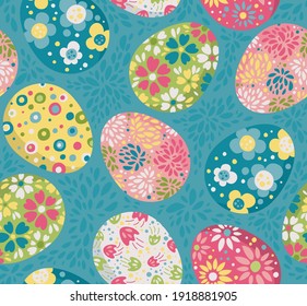 Easter eggs in a flat style - seamless pattern. 
Vector Background for fabric, textile, wallpaper, poster, web site, card, gift wrapping paper 
