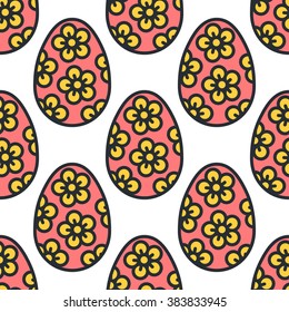 Easter eggs flat thin line icon seamless pattern. Easter gift wrapping seamless pattern. Minimal outline egg decoration floral vector wallpaper texture. Modern vector art background