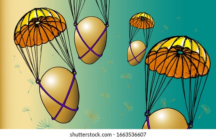 Easter eggs flies in the sky with parachutes.  Hand drawn vector illustration