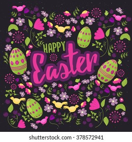 Easter eggs  floral card with colorful eggs on dark background. Can be used for easter greetings, easter icons, banners. Easter eggs holiday art