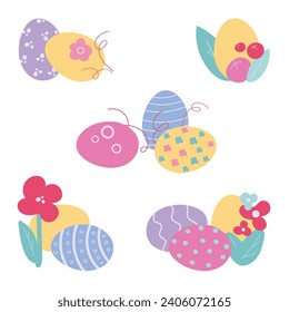 The Easter Eggs. Floral composition, delicate color scheme. Birth and spring. Collection of vector illustrations.