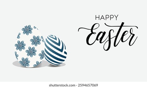 Easter Eggs with Floral Design,Happy Easter Decorative Egg Graphics,Festive Easter Eggs and Typography,Blue Striped and Floral Easter Eggs.