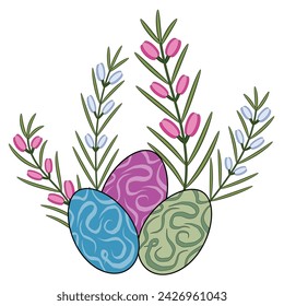 Easter eggs and floral elements composition. Spring holidays colorful doodle vector illustration