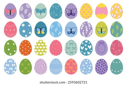 Easter eggs with floral elements. Drawing clipart set. Happy easter eggs, color butterflies. Multicolored symbols for traditional celebration. Vector illustration, oval shape elements for decoration