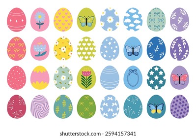Easter eggs with floral elements. Drawing clipart set. Happy easter eggs, color butterflies. Multicolored symbols for traditional celebration. Vector illustration, oval shape elements for decoration