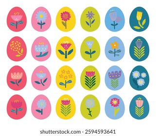 Easter eggs with floral elements. Drawing clipart set. Happy easter eggs, color flowers. Multicolored symbols for traditional celebration. Vector illustration, oval shape elements for decoration