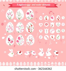 Easter eggs and floral elements. Objects for easter design, announcements, greeting cards, posters, advertisement.