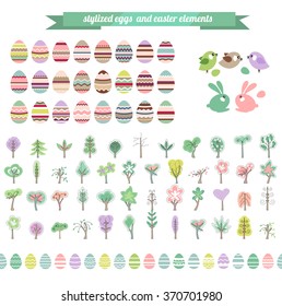 Easter eggs and floral elements. Objects for easter design, announcements, greeting cards, posters, advertisement.