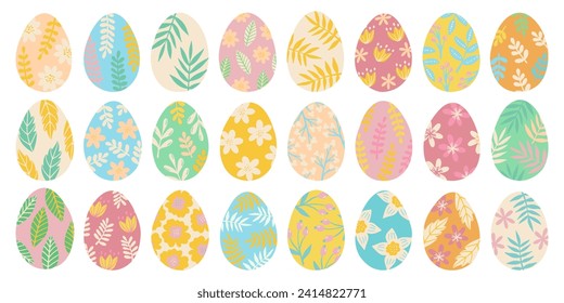 Huevos de Pascua con adornos florales. Símbolo de vacaciones de primavera. Flores de huevos y hojas de diseño plano. Colorida colección de huevos de Pascua.