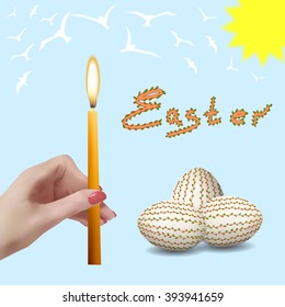 Easter. Easter eggs. Easter eggs with floral pattern. Church candles. The spring sky with birds.