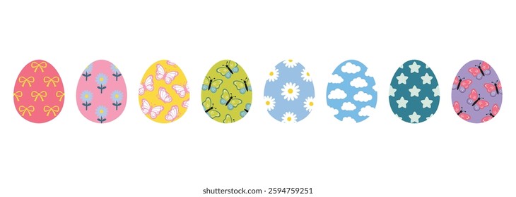 Easter eggs with floral patterns. Drawing clipart set. Happy easter eggs, color meadow flowers. Multicolored symbols for traditional celebration. Vector illustration, oval shape elements. Decoration