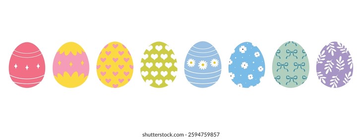 Easter eggs with floral patterns. Drawing clipart set. Happy easter eggs, color meadow flowers. Multicolored symbols for traditional celebration. Vector illustration, oval shape elements. Decoration