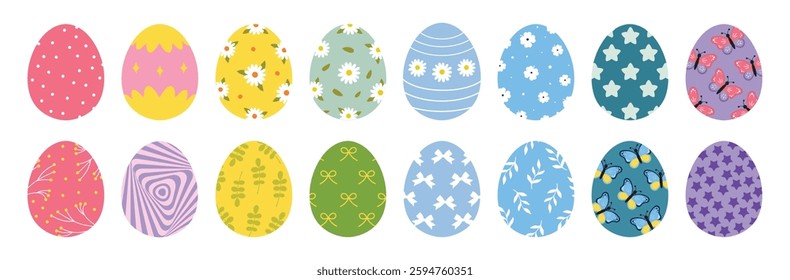 Easter eggs with floral patterns. Drawing clipart set. Happy easter eggs, color meadow flowers. Multicolored symbols for traditional celebration. Vector illustration, oval shape elements. Decoration