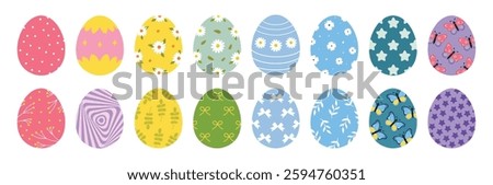 Easter eggs with floral patterns. Drawing clipart set. Happy easter eggs, color meadow flowers. Multicolored symbols for traditional celebration. Vector illustration, oval shape elements. Decoration