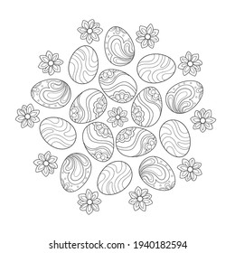 Easter eggs with floral patterns and simple flowers on a white isolated background. Decorative mandala. For coloring book pages.