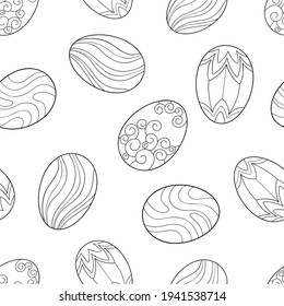 Easter eggs with floral and soft elements on a white background. Seamless doodle spring pattern. Suitable for wrapping paper, coloring book.