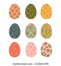 Easter eggs with floral texture collection. Happy Easter eggs card. Vector hand drawn Illustration isolated on white background. Spring holiday. Traditional religious holiday celebration.