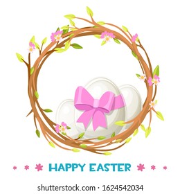 Easter eggs in a floral wreath for the holiday. Happy Easter logo and beautiful eggs with a bow.