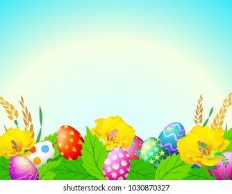Easter eggs with flower and nature background. Nice decoration for Easter time. Illustration.
