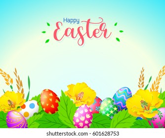 Easter eggs with flower and nature background. Nice decoration for Easter time. Illustration.