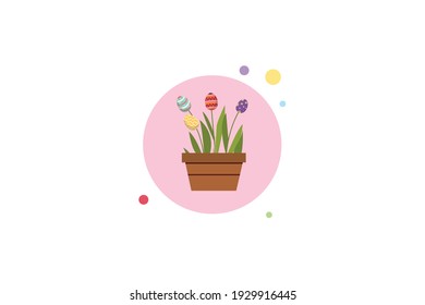 Easter Eggs in Flower Pot, Circle Icon with Bubbles