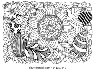 Easter eggs and flowers for art therapy coloring book.